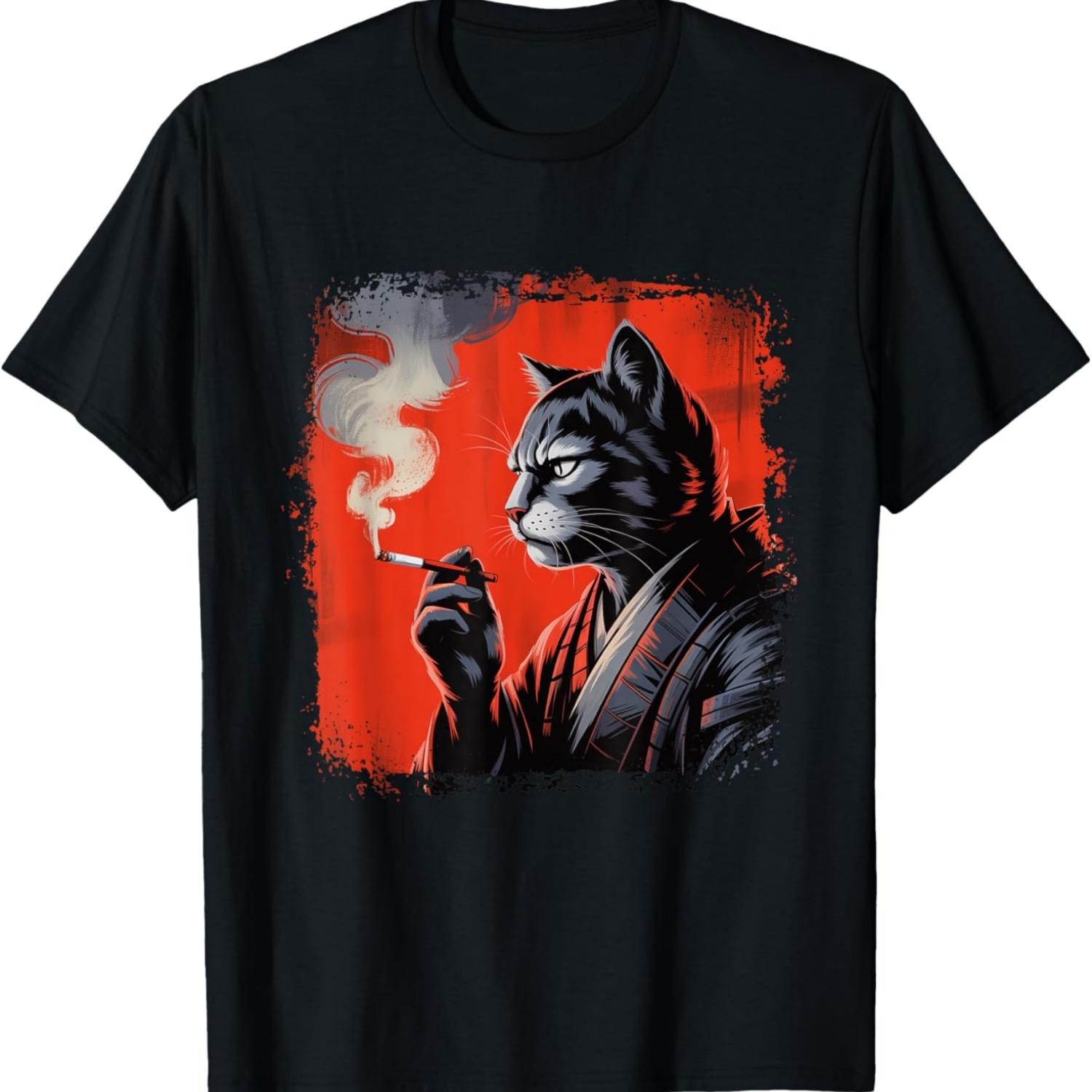 

Bleached Samurai Cat Meme Smoke Cigarette Japan Retro Vibes Men Women T-Shirt S