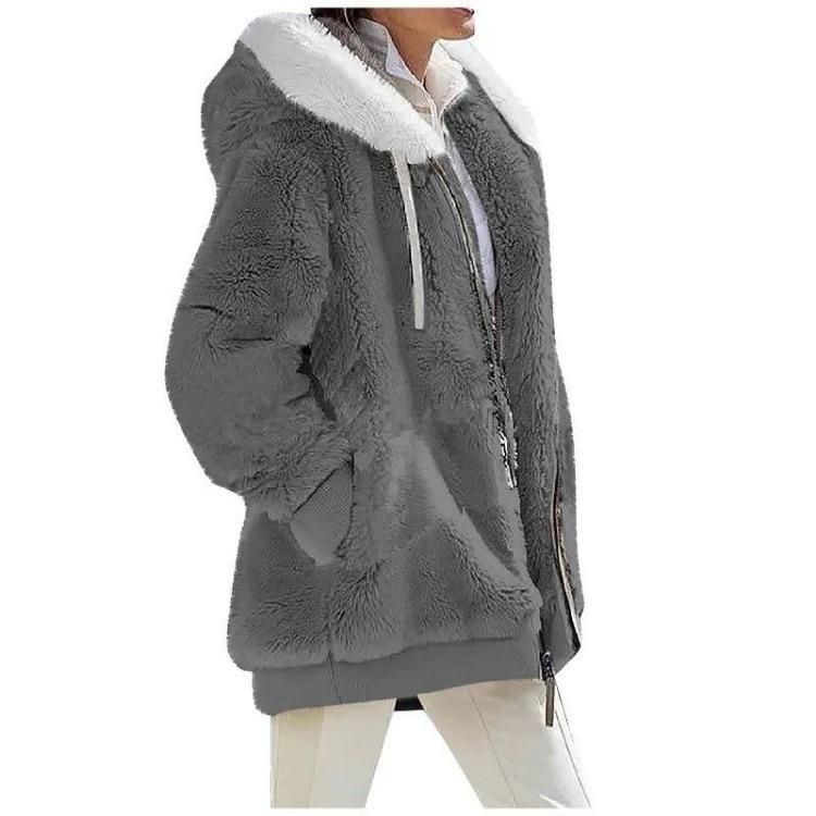 Giacca Casual da Donna in Pile con Cappuccio Cappotto Monocolore Caldo Cappotti in Cashmere Giacca con Zip Moda Abbigliamento Donna Autunno Inverno
