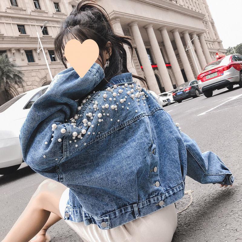 Women Jean Jacket Pearls Beading Spring Autumn Long Sleeve Pockets Denim Jackets Women Loose Outwear Female