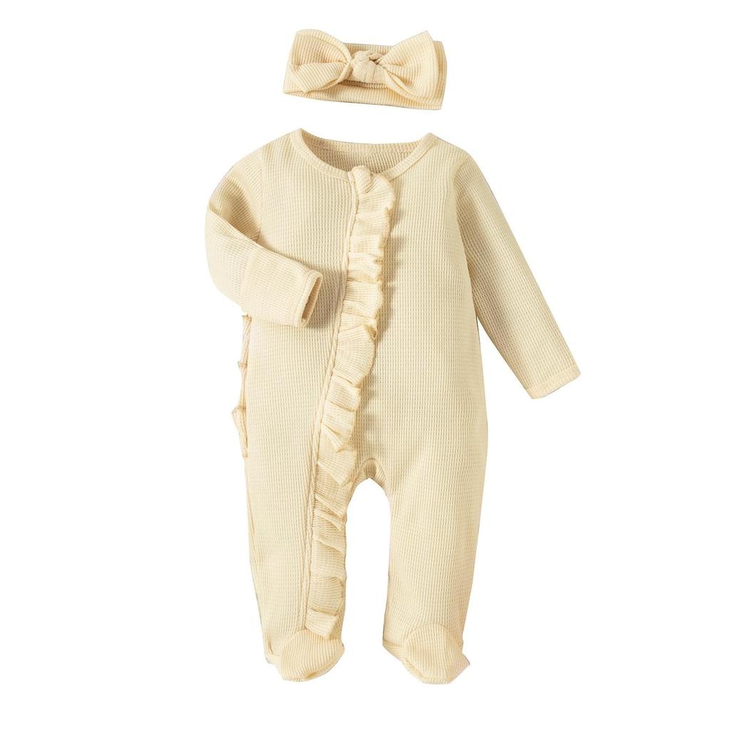 Footies för spädbarnsflickor 3M 6M 12M Enfärgade krusiduller Rundhals Långärmad Baby Jumpsuits Nyfödda Kläder Bodysuits med pannband