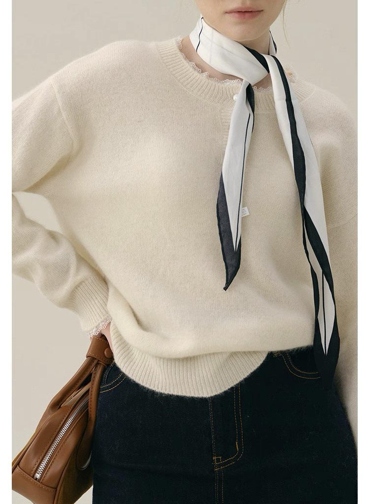 French Style Lace-Trimmed Winter Sweater