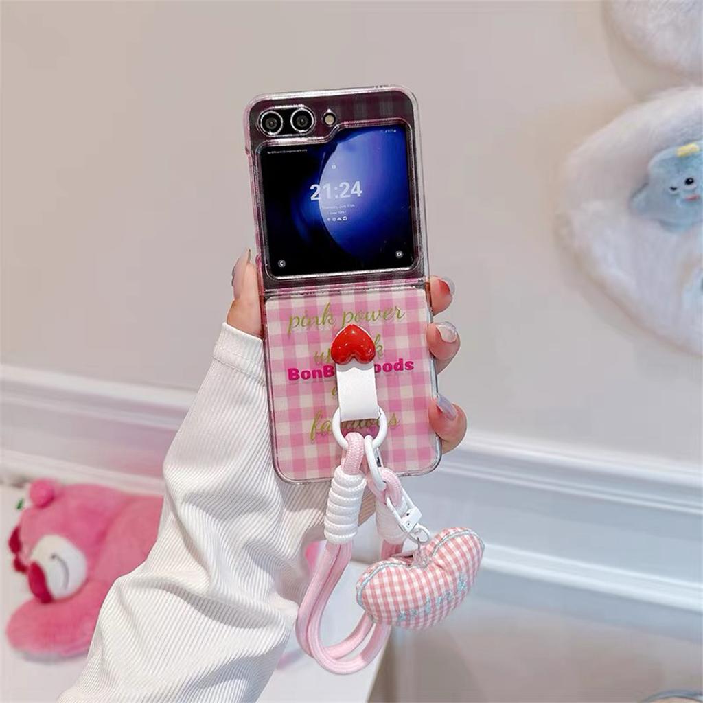 Cartoon Pink Lattice Folding Phone Case With Love Pendant For Samsung For Galaxy Z Flip 3 4 5 6 Cute Girl Phone Case