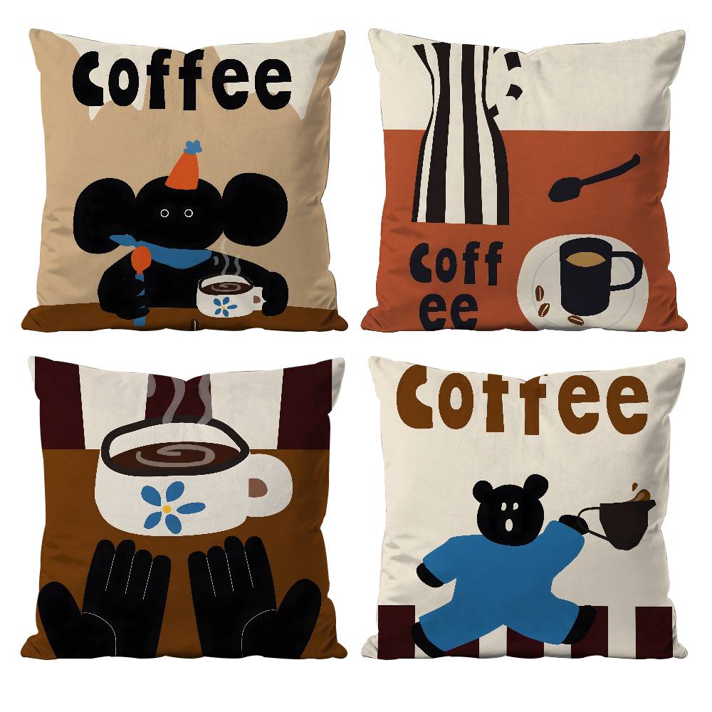 Creative Coffee Illustration Pillow Case Anti-dustmite Pillowcase Invisible zipper silky short plush Sofa cushion cover
