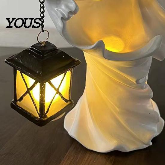 Seasonal Holiday Garden Ornaments Halloween Ghost Messenger Resin Figurine, Witch Statue with Lantern, Waterproof Indoor Outdoor Night Lights