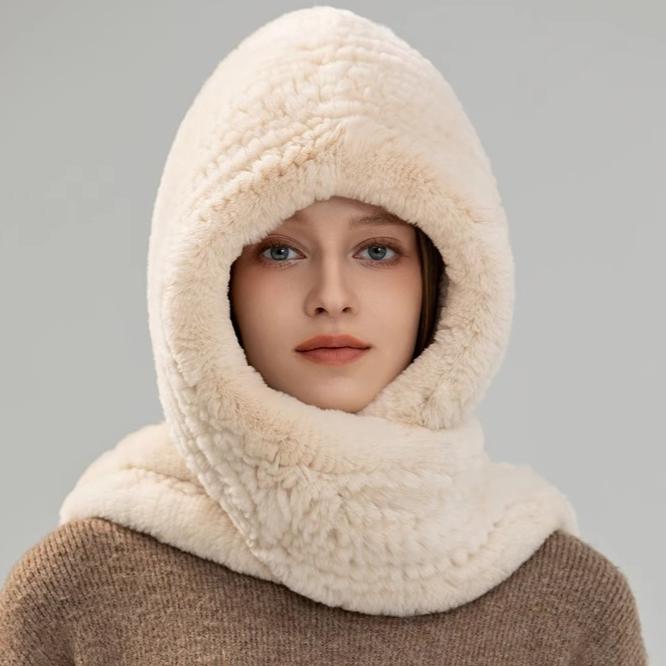 Rex Rabbit Fur Hat Scarf Integrated Snow Cap Winter Warm Ear Protection Shawl Windproof Cap Outdoor Men's and Women's