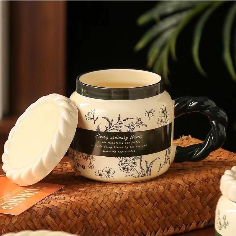 Retro Ceramic Cup with Lid Mug Souvenir Gift Cup National Trend Ins Flower Water Cup Girls Household Cup