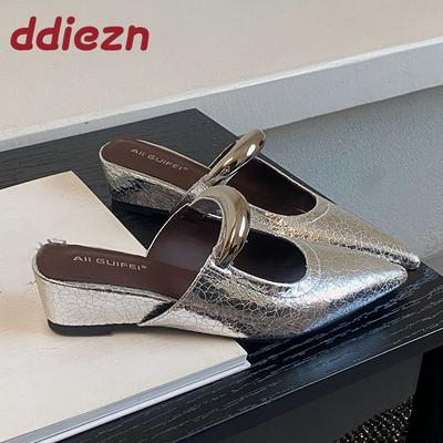 Fashion Silver Female Slides Fashion Metal Women Wedges Slippers Mules Shoes Summer Spring Pointed Toe Ladies Slippers Sandals Shoes