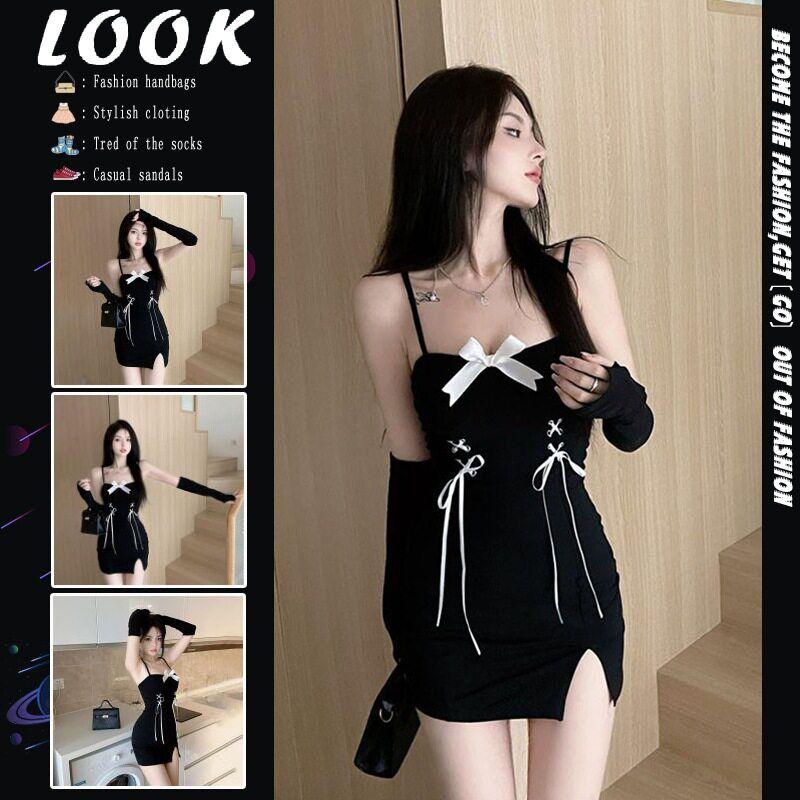 

Black Dress 2024 New Summer French Style Slim Fit Elegant Bow Sexy Slit Strap Bodycon Dress Black S [Excellent Quality]