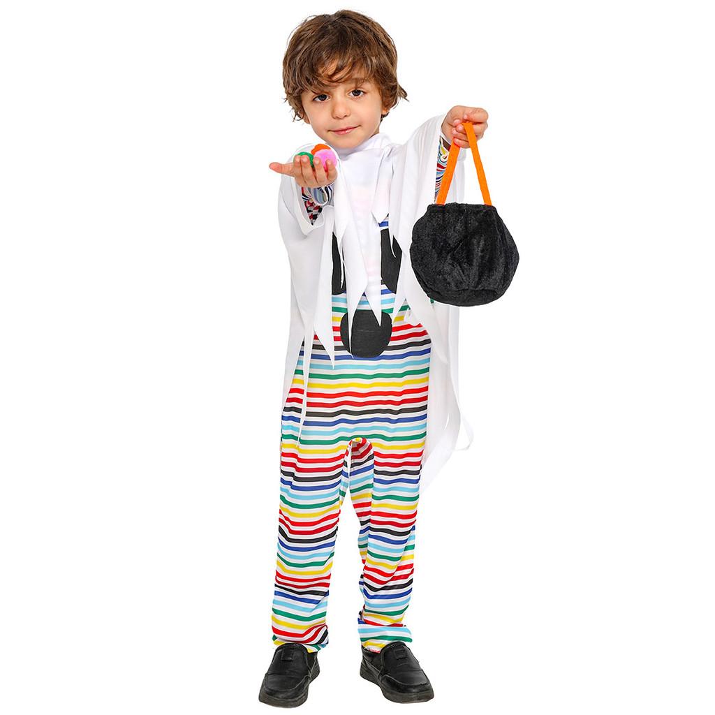 Halloween Child Costume For Kids With Polyester Fabric And Playful Striped Ghost Design For Party Performance