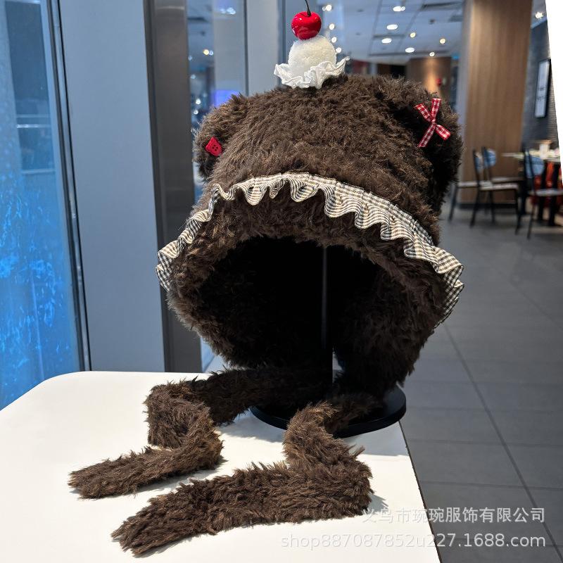 Cute cherry bear knitted plush hat female autumn and winter photo bag head ear protection hat soft waxy warm Lei Feng hat