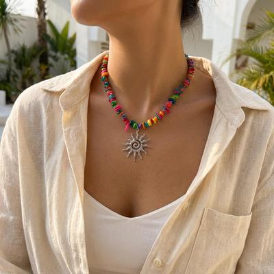 Bohemian Kleurrijke Steen Kralen Ketting met Retro Zon Hanger Choker