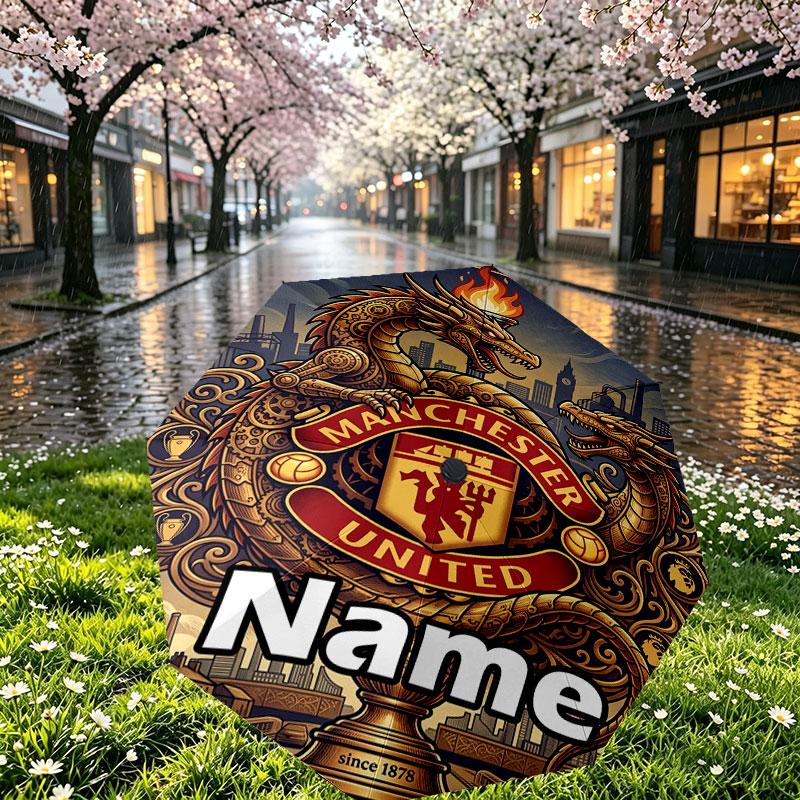 Custom Name Personalized Manchester United Print Umbrella, Auto Open Close, 8‑Rib Sturdy Frame, Commute Camping Hiking Use, Birthday Gift