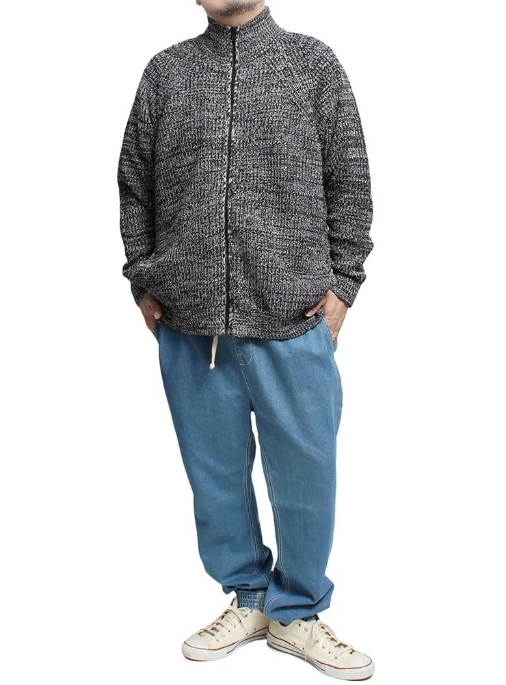 One Colors Knit Thick Stand Size Black Mix Men's Blouson, Zip-Up Sweater/Cardigan, 5L,