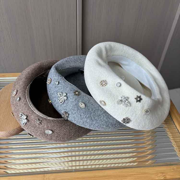Tide British retro wool woolen rhinestone beret lady three-dimensional painter hat autumn and winter face small pumpkin bud hat