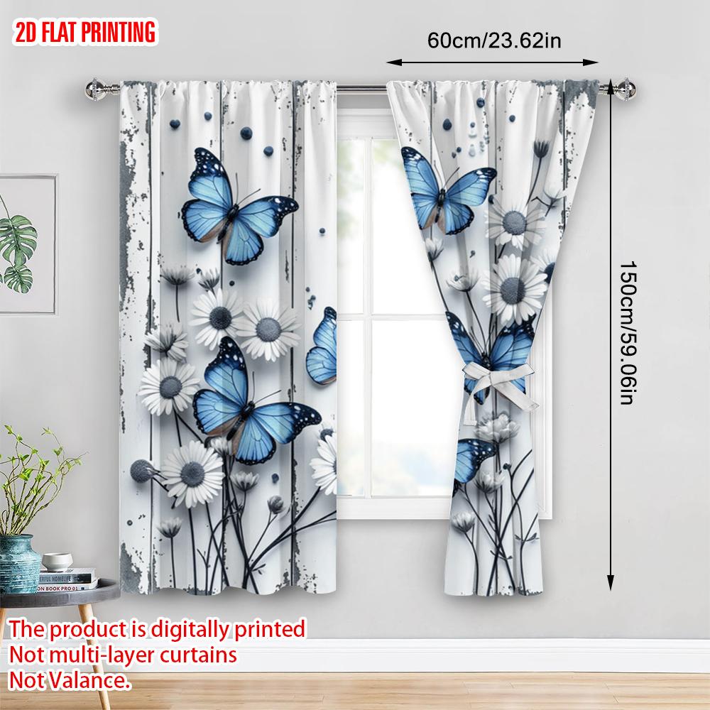 Set Of 2 Flat Printing Drapes Blue Butterfly Daisy Swirls Digital Printed Polyester All Season Party Holiday Decor Use Curtains Made