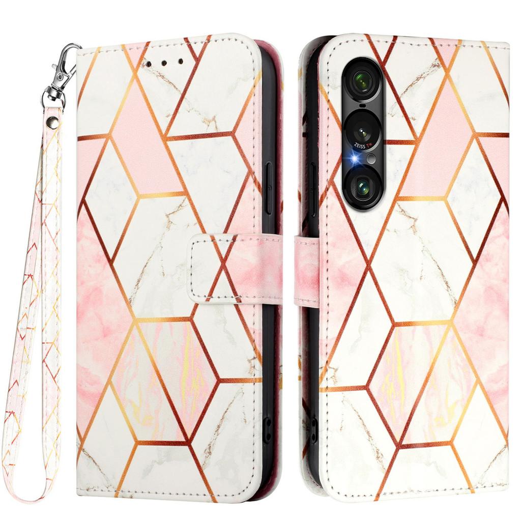 For Sony Xperia 1 VII Case with Strap Marble Pattern Leather Phone Cover Card Holder