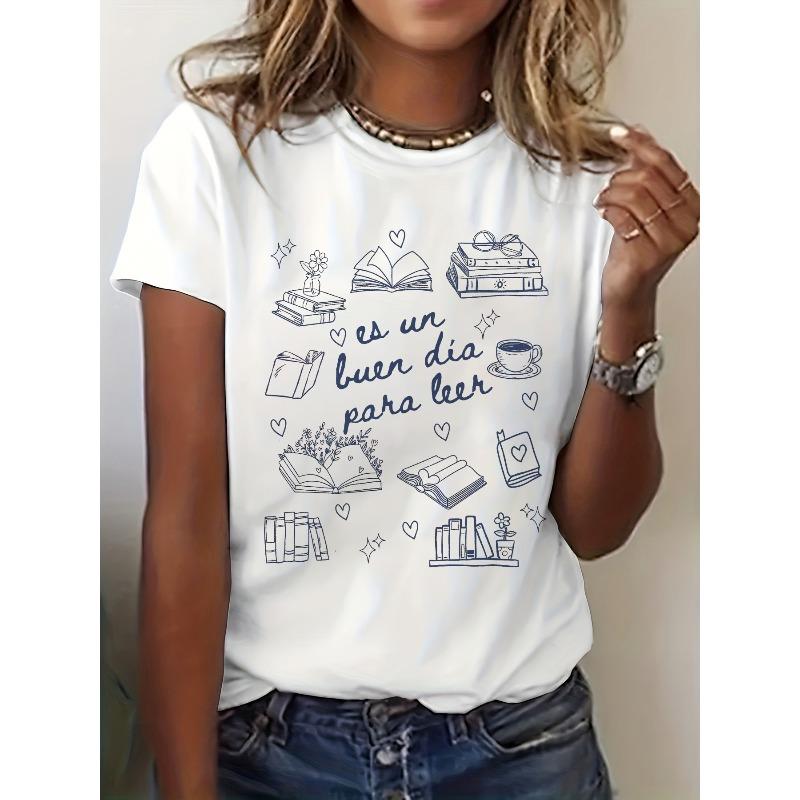 

Women s Spanish Teacher T-Shirt - Maestra Book & Spanish Language Graphic Print Short Sleeve Crew Neck Top for Educators, Casual Summer Spring Outfits S белый