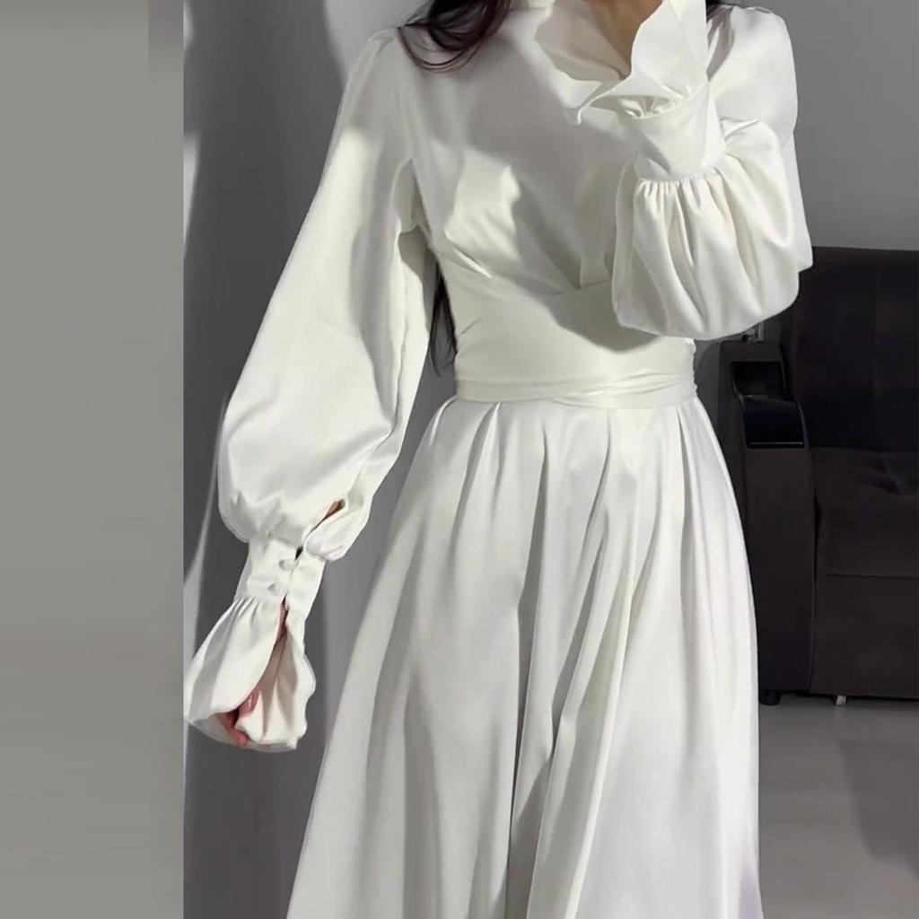 Qooth Elegant Ruffled Bandage Maxi Dress For Women Slim Lace-Up Solid Vintage Evening Partywear Ladies Long Dress