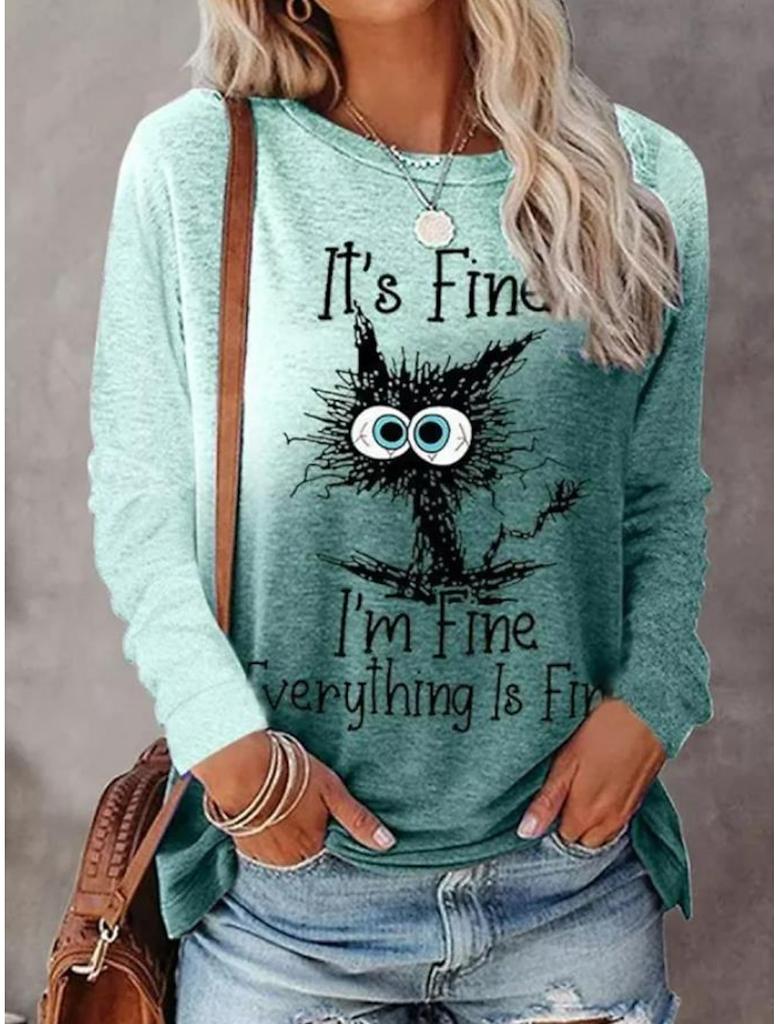 New 3D Cute Cat Printed Women's Casual Fashion Round Neck Long Sleeve T-shirt