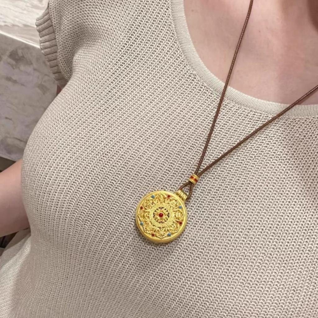 New Chinese Style Wei Xue's Fortune Eight Treasures Vajra Compass Necklace for Women, Sand Gold Pendant with Leather Cord Sweater Chain