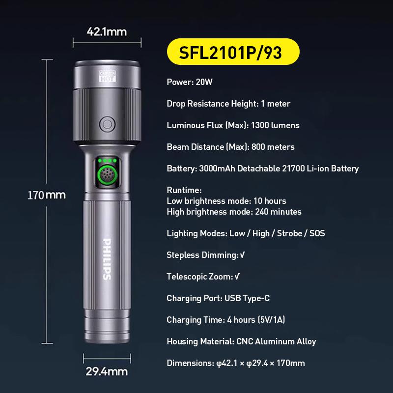 Philips Flashlight SFL2101P SFL2101P Telescopic Zoom Flashlight 1300 Lumens Beam Distance (Max) 800 Meters