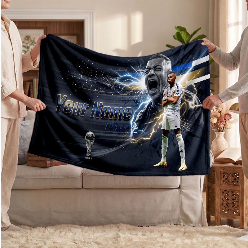 Kylian Mbappe Personalized Fleece Blanket With Football Logo, Custom Name Text Soft Warm Home Throw Blanket