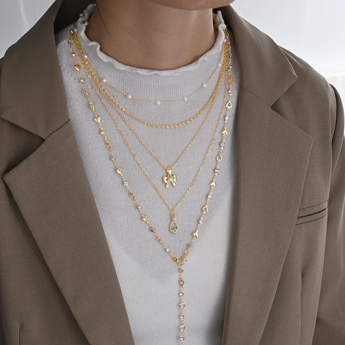 

5pcs Boho Gold Color Multi-Layer Necklace Set for Women Fashion Zircon Pearl Bow Knot Water Drop Heart Pendant Necklaces Jewelry