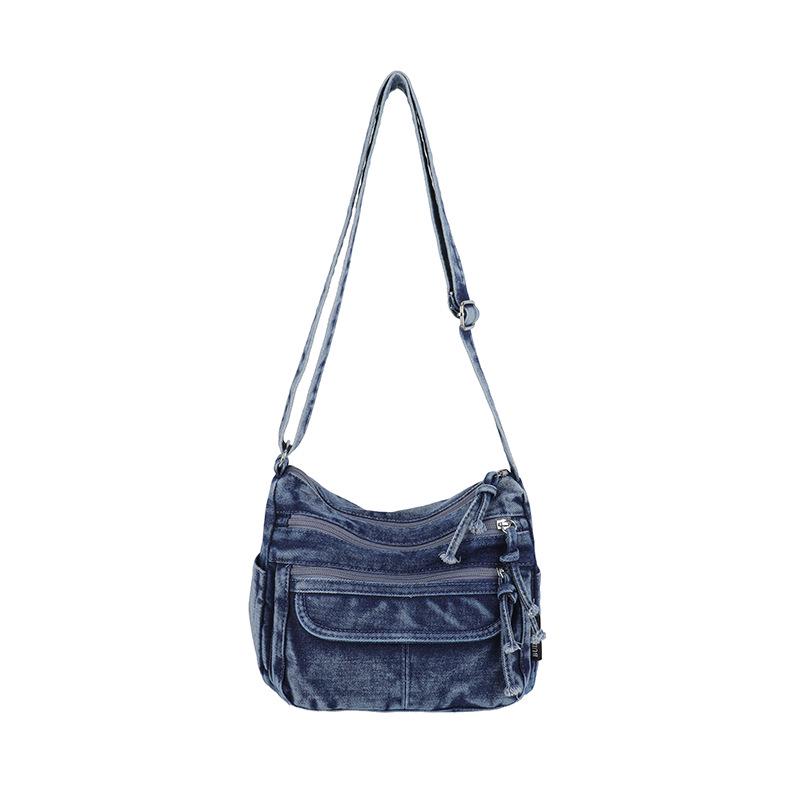 Retro Crossbody Washed Denim Multi-Zipper Small Commuter Bag