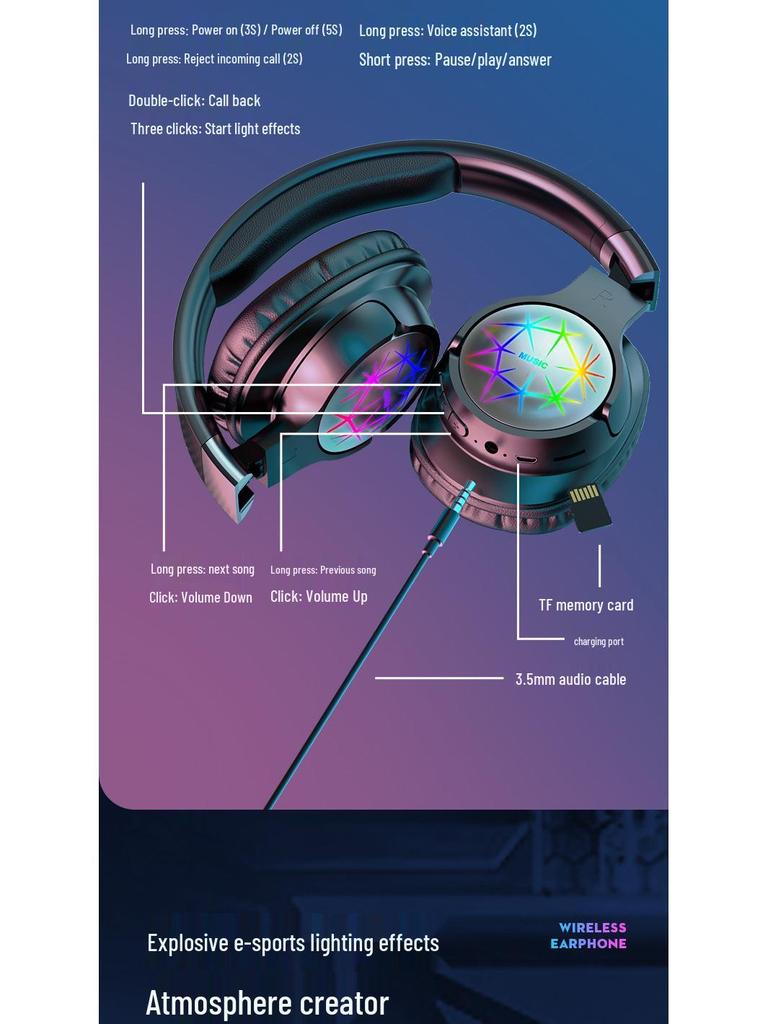 Stereo Wireless Sports Bluetooth Headset with LED Lights and Card Slot