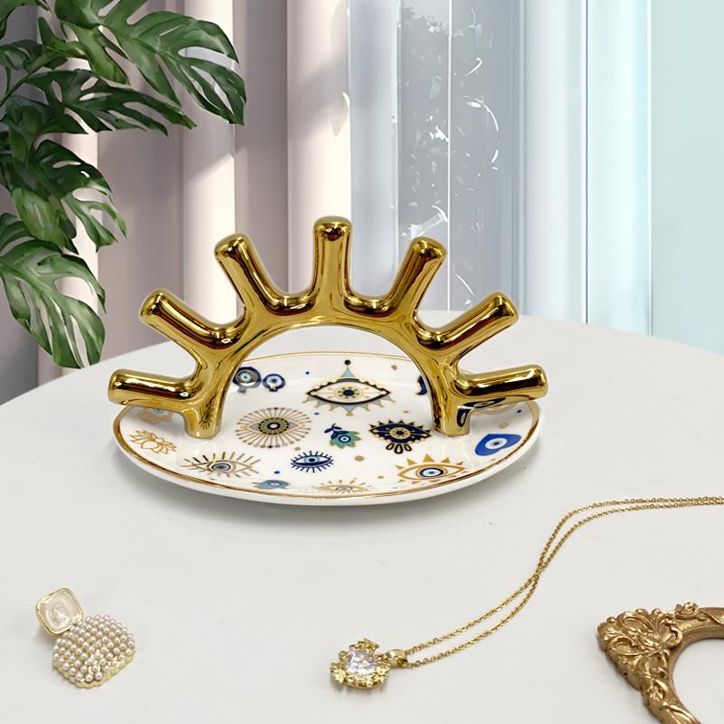 Multifunctional Ring Display Rack Earring Necklace Jewelry Storage Organizer Evil Eyes Ceramics Storage Tray Makeup Table Decor