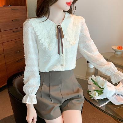 Yaz Fransız Bebek Yaka Kadın Dantel Casual Gömlek Alt Moda Patchwork Bluz