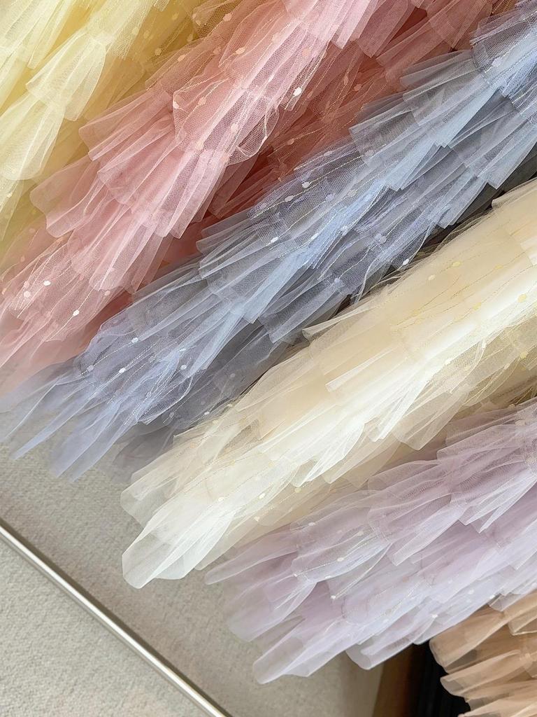 Super Fairy Mesh Patchwork Lurex A-Line Cake Skirt – 2025 Spring/Autumn Fluffy Mid-Length Tulle Skirt
