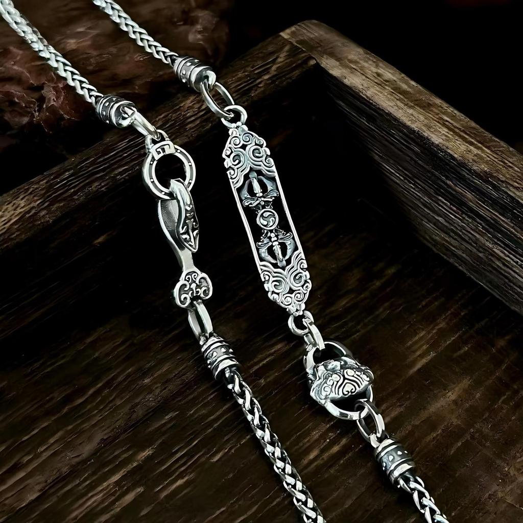 Sterling Silver Tibetan Vajra Pendant Chopin Necklace with Ruyi Knot and Devouring Beast Design - Versatile Ethnic Style Sweater Chain.