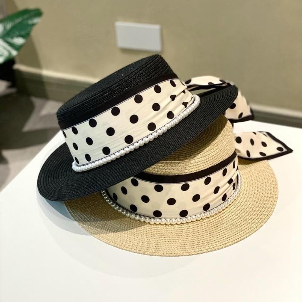 Dot Ribbon Beach Straw Cap Elegant Wide Brim Hat Fashion Sun Protection Cap  Summer Season
