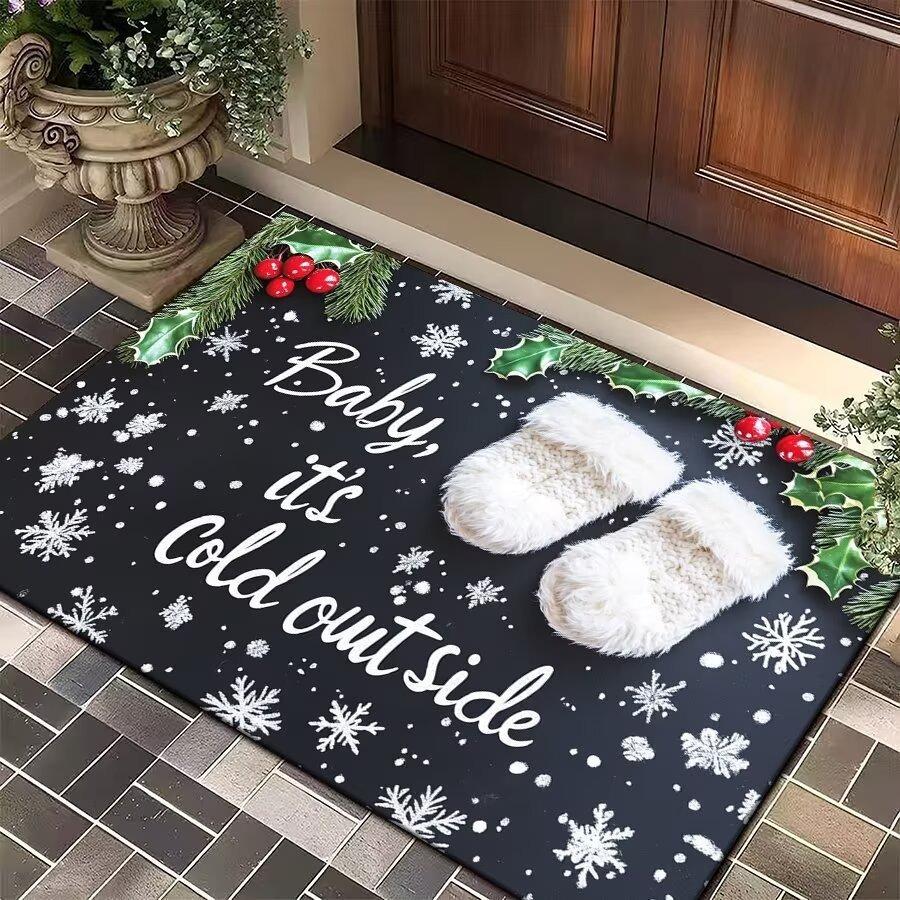 Christmas Themed Door Mat With Patterns Like Mittens Hats Snowflakes Holly Non Slip Welcome Entrance Rug For Families Decor