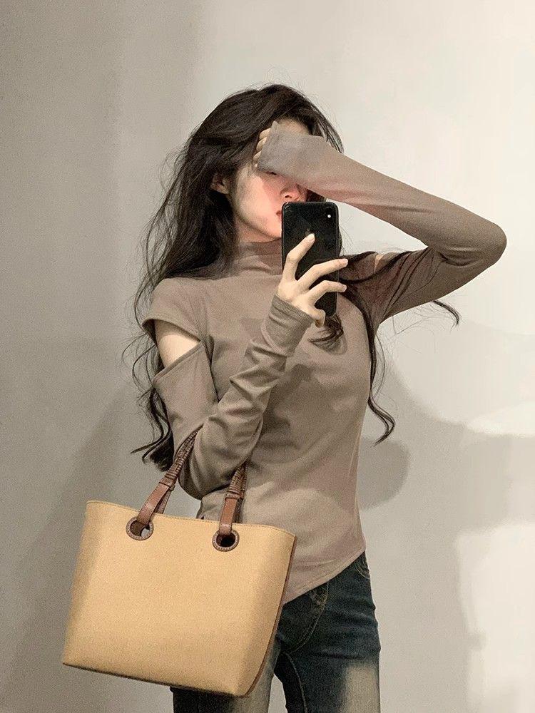 Women's Off-Shoulder Slim Fit Brushed Turtleneck Long Sleeve Top for Autumn/Winter