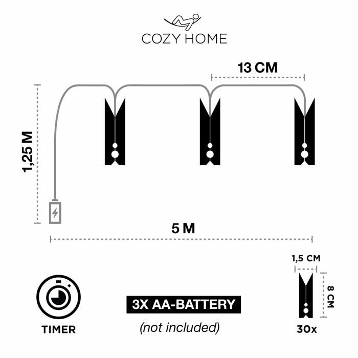 Guirlande lumineuse intérieure - cobus - modèle cozyhome - 5 m - 30 clips photo - led blanc chaud