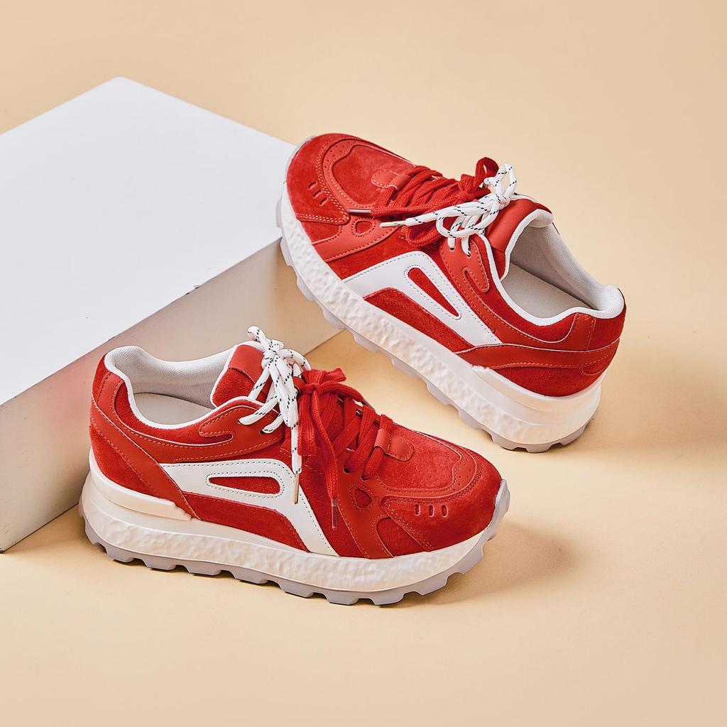 Genuine Leather 8CM Invisible Height Increasing Women's Retro Color Block Thick Sole Sports Shoes - Autumn 2025 Collection