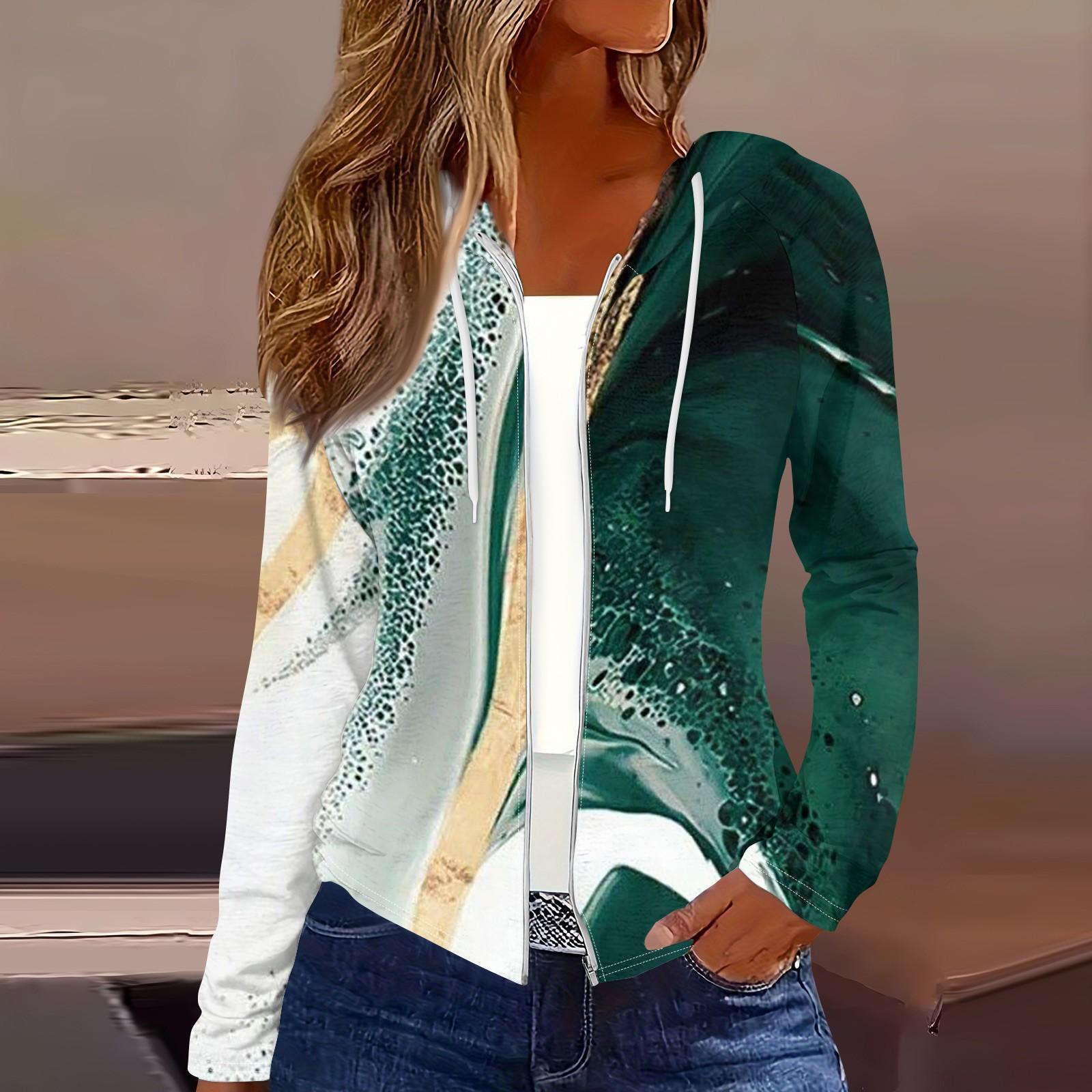 

Женская мода повседневная застежка-молния с капюшоном и принтом с длинным рукавом толстовки пальто XL зелёный