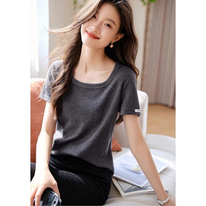 Women s Light Green Ribbed Knit T-Shirt Scoop Neck Short Sleeve Slim Fit Casual Top S