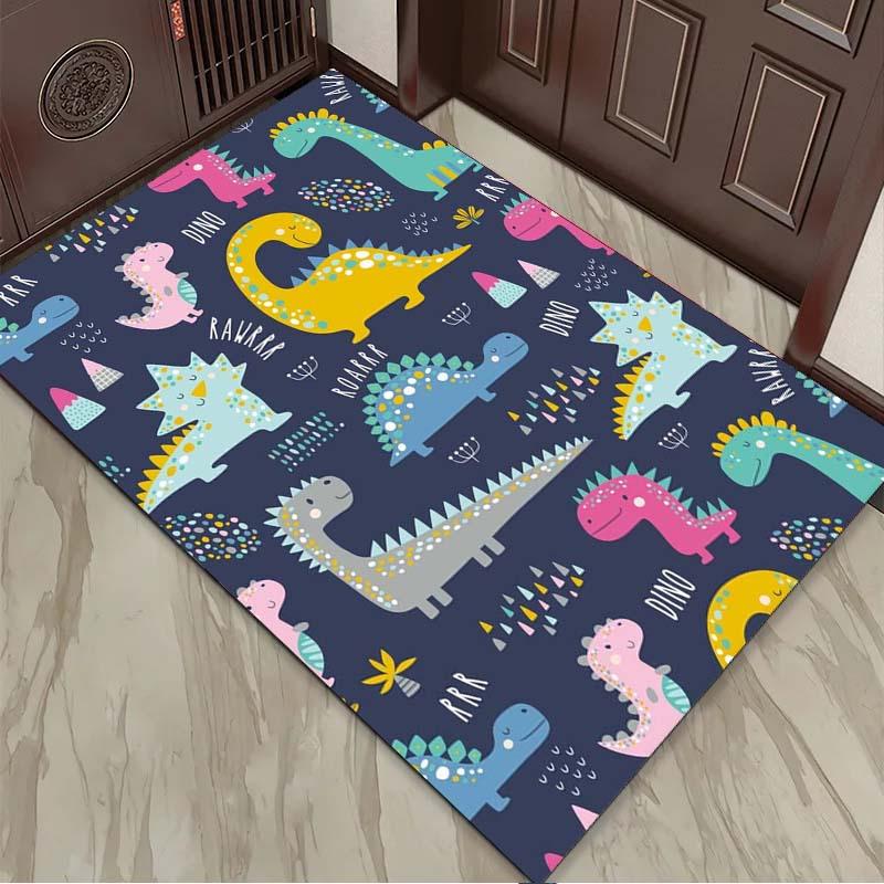 Colorful Dino World Rug for Kids' Bedrooms, Fun Cartoon Dinosaurs Carpet, Educational Play Area Mats Skid Resistant Carpet