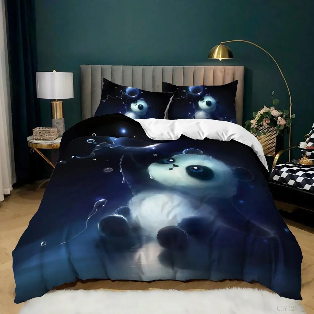Panda Sengetøj Tegneserie Panda Printet Sengetøjssæt Til Børn Drenge Piger Mikrofiber Sødt Dyre Dynebetræk 2/3 Dele Fuld Størrelse