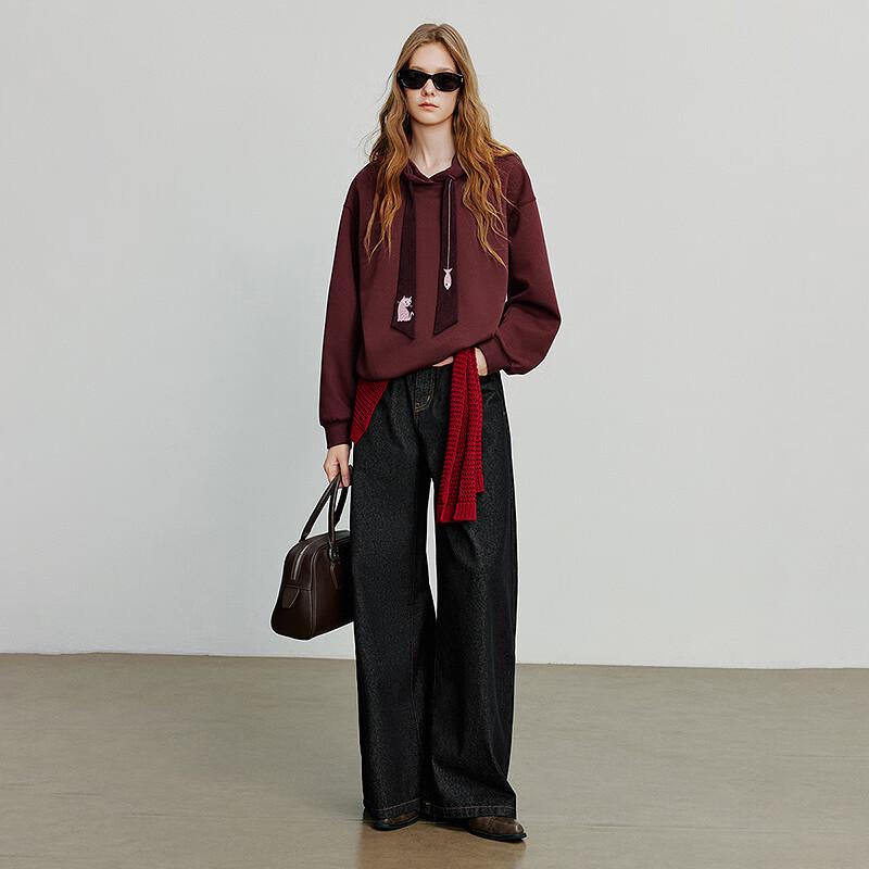 Chuyu Women's Petite College Style Cat Embroidery Tie Hooded Sweatshirt