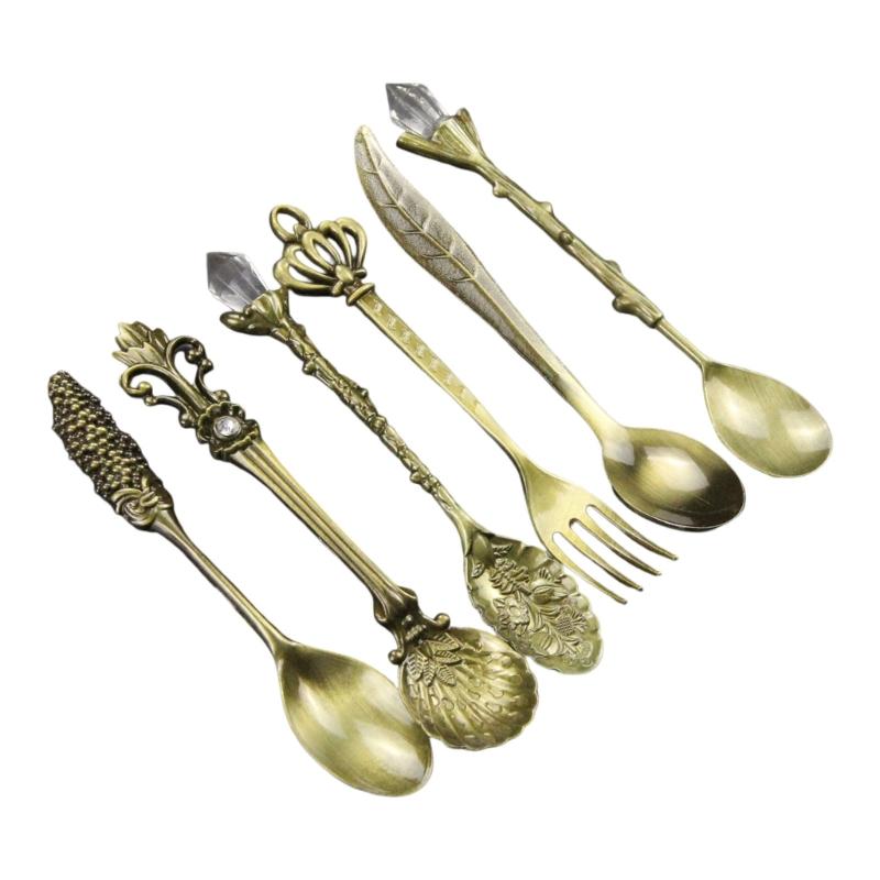 Pack Of 6 Elegant Vintage Dessert Coffee Spoons Crystal Zincs Alloy Carving Stirring Utensils For Home Teas Parties