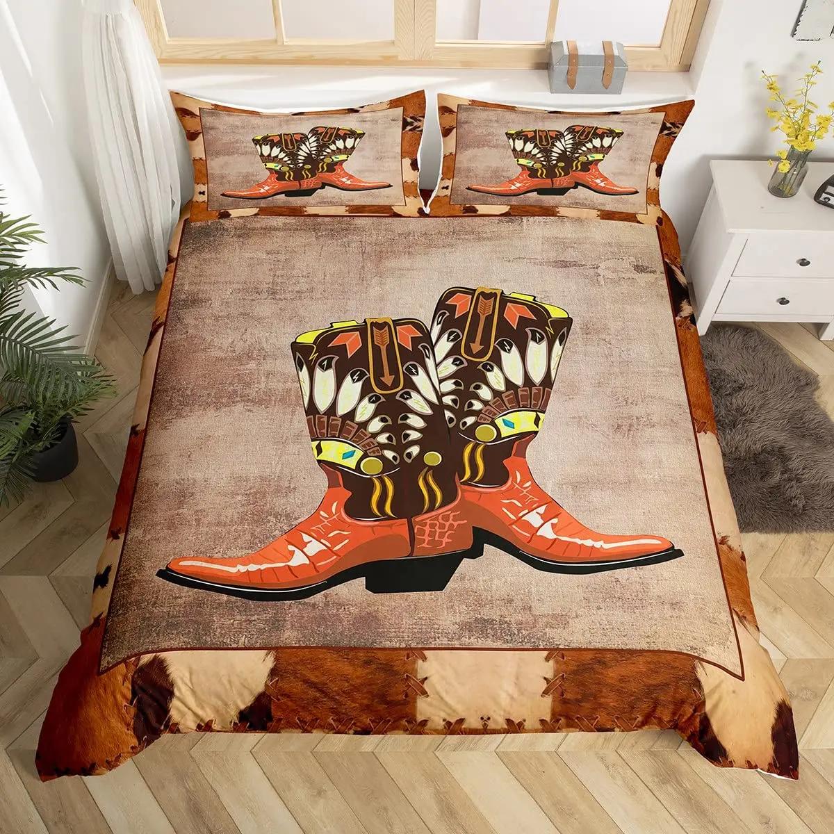 

Пододеяльник в стиле вестерн-ковбой, комплект постельного белья Twin King Cowboy Boots Hat Floral Exotic Farmhouse Cowboys Patchwork (135x200cm)