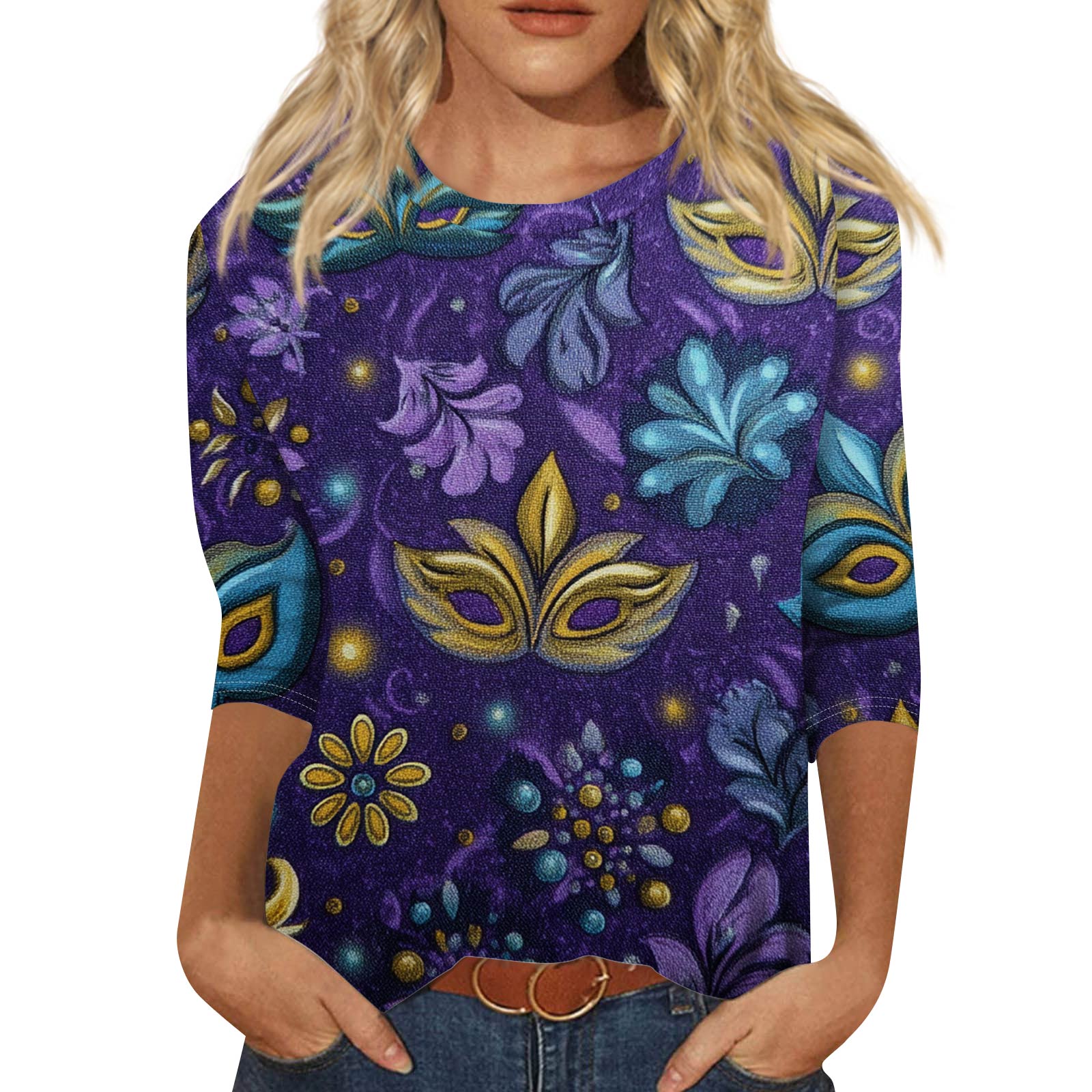 

Женский модный повседневный топ с рукавом три четверти и карнавальным принтом на горловине XXXL