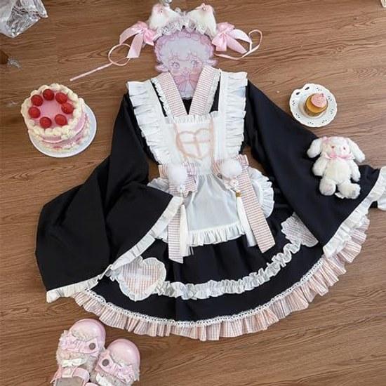 XHSUKADO Nurse Outfit 4-Piece Set One-Piece Womens Spring Summer Autumn Kimono Yukata Costume Cosplay Princess Sleeve Top Mini Skirt Apron Ribbon Maid