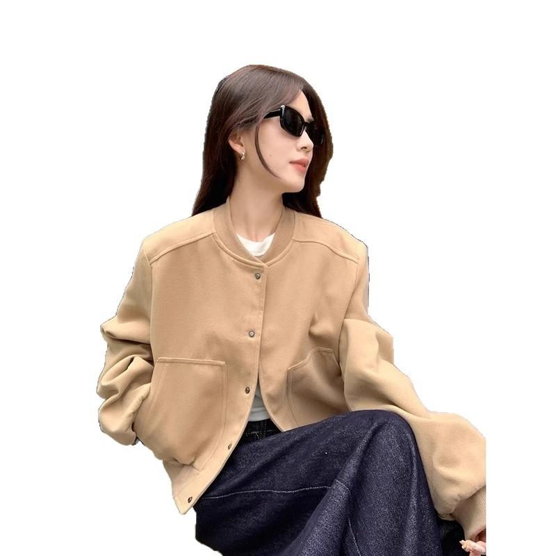 Womens Short Gray Wool Blend Cropped Bomber Jacket 2026 Fall Loose Fit Hooded Outerwear