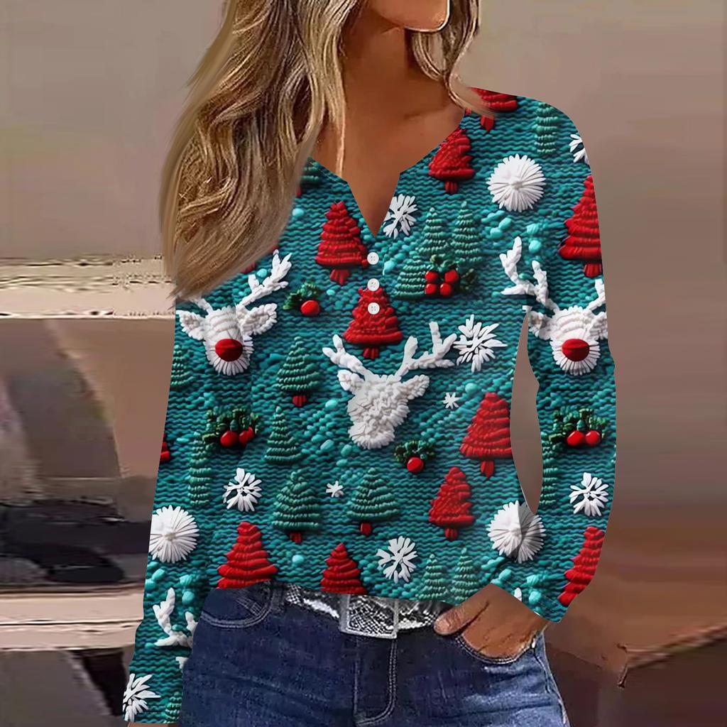 Women's Fashion Casual V-Neck Button-Up Long-Sleeve T-Shirt With Christmas Print Top