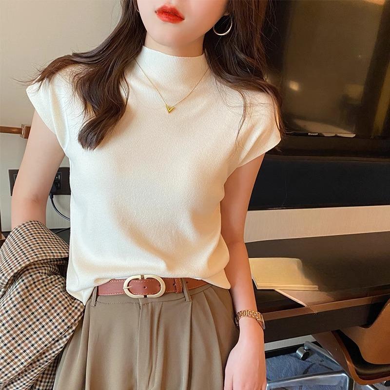 Summer Base Layer, New Short-sleeved T-shirt, Women's Knitted, Elegant, Solid-color, Front-shoulder, Mid-neck Top